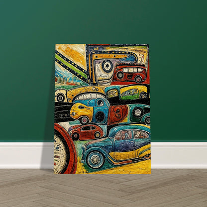 A lively artwork featuring vibrant, multi-colored vintage cars in various shapes and sizes on a winding road, showcasing a playful take on travel and motion.