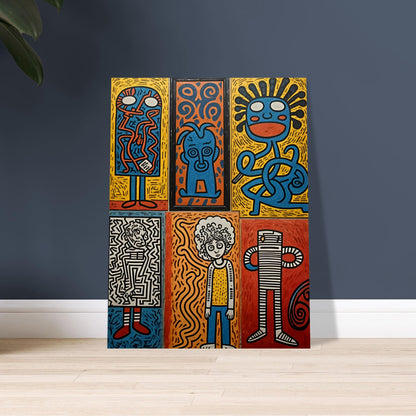 A bold and colorful artwork featuring six unique abstract faces in a pop-art style, with vibrant blues, reds, yellows, and intricate patterns.