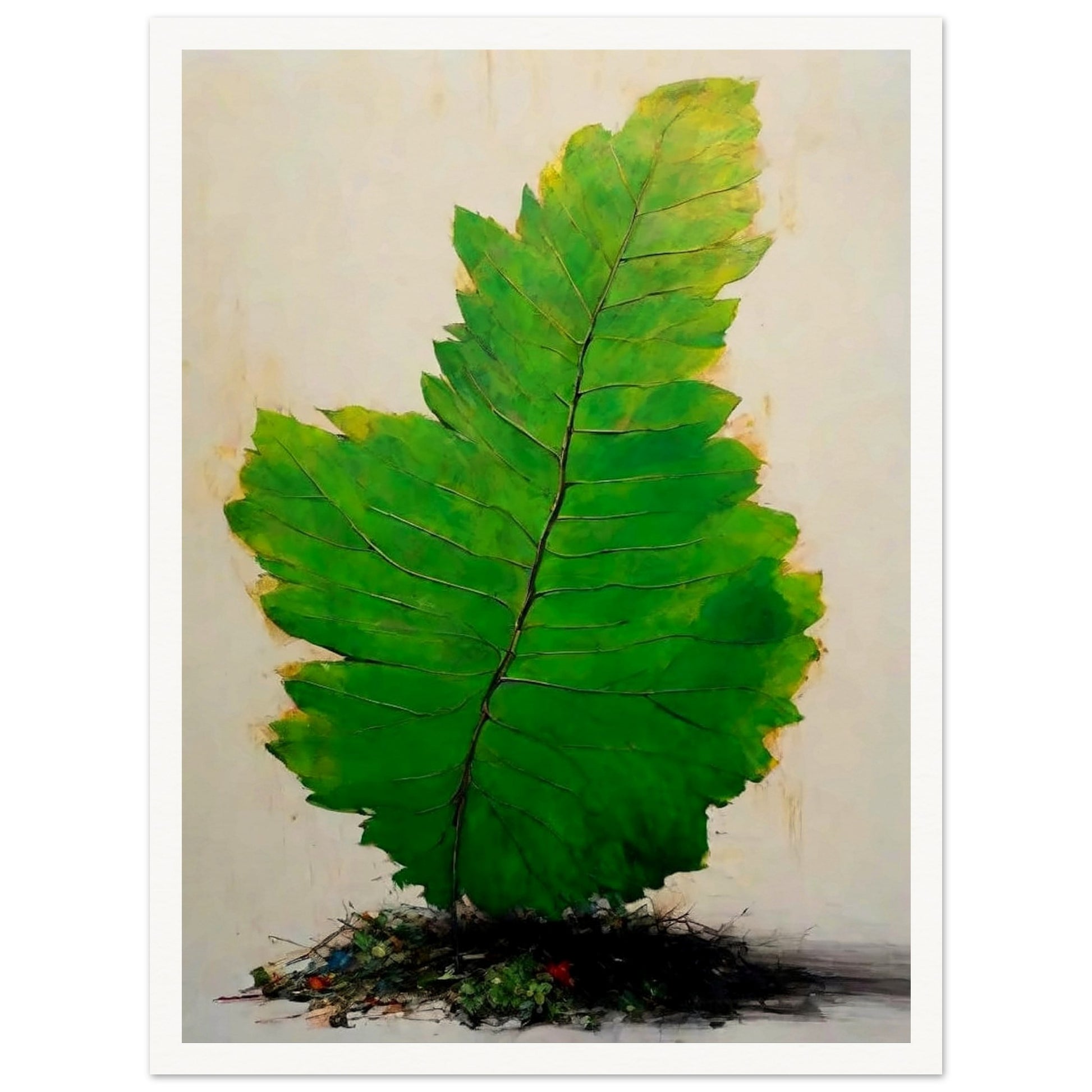 A large, vivid green leaf standing upright against a light background, with intricate veins and subtle texture, emerging from a small mound of organic debris.