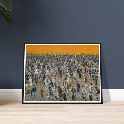 A detailed painting of a large crowd of people gathered in an open space under a vibrant orange sky at sunset. The diverse crowd features individuals engaged in various activities, with the city skyline visible in the background.