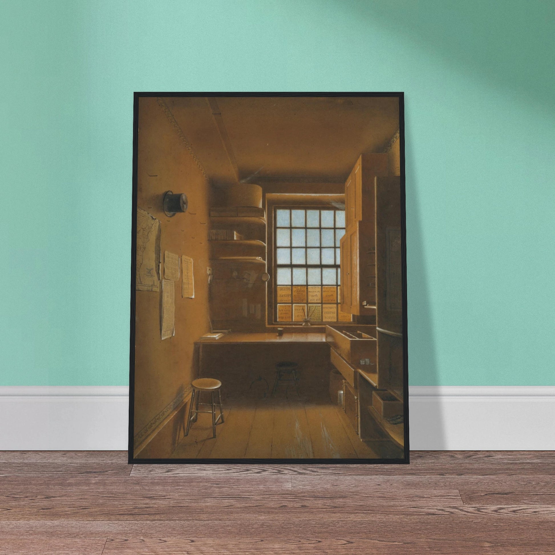 Quiet lottery office interior with wooden desk, stools, shelves, and a sunlit window