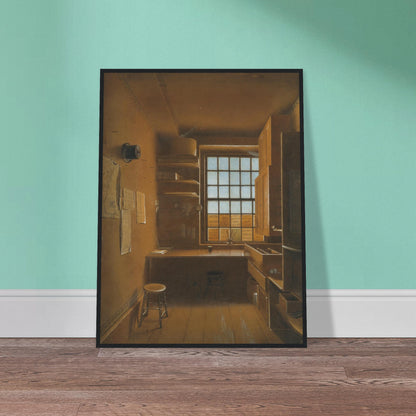 Quiet lottery office interior with wooden desk, stools, shelves, and a sunlit window