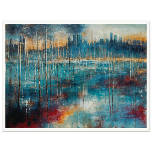 A vibrant painting of a city skyline reflected in water, with abstract lines and colorful hues creating a dynamic scene.