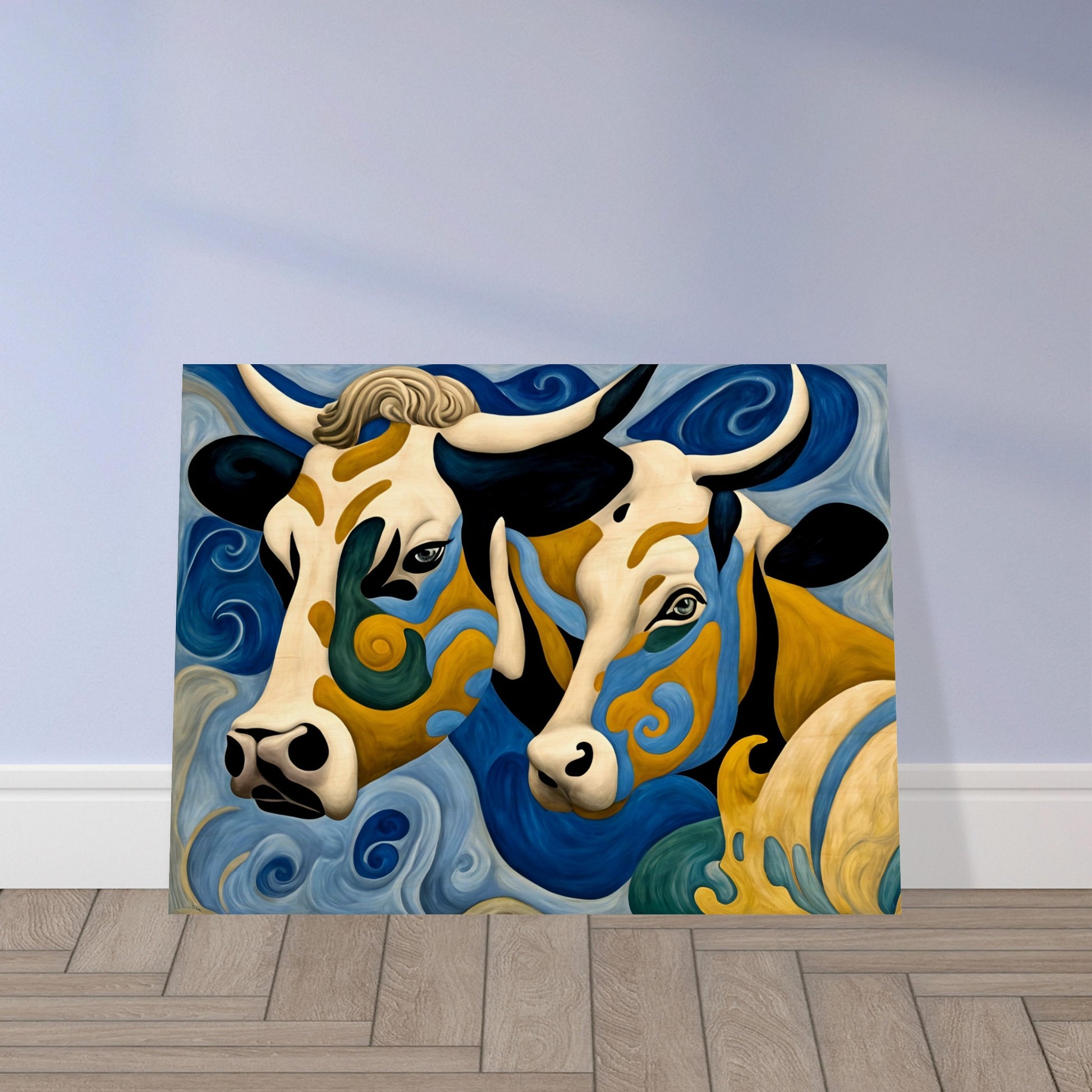 A surreal painting of two cows with intricate swirling patterns of blue, gold, and black, blending into a flowing, dreamlike background.