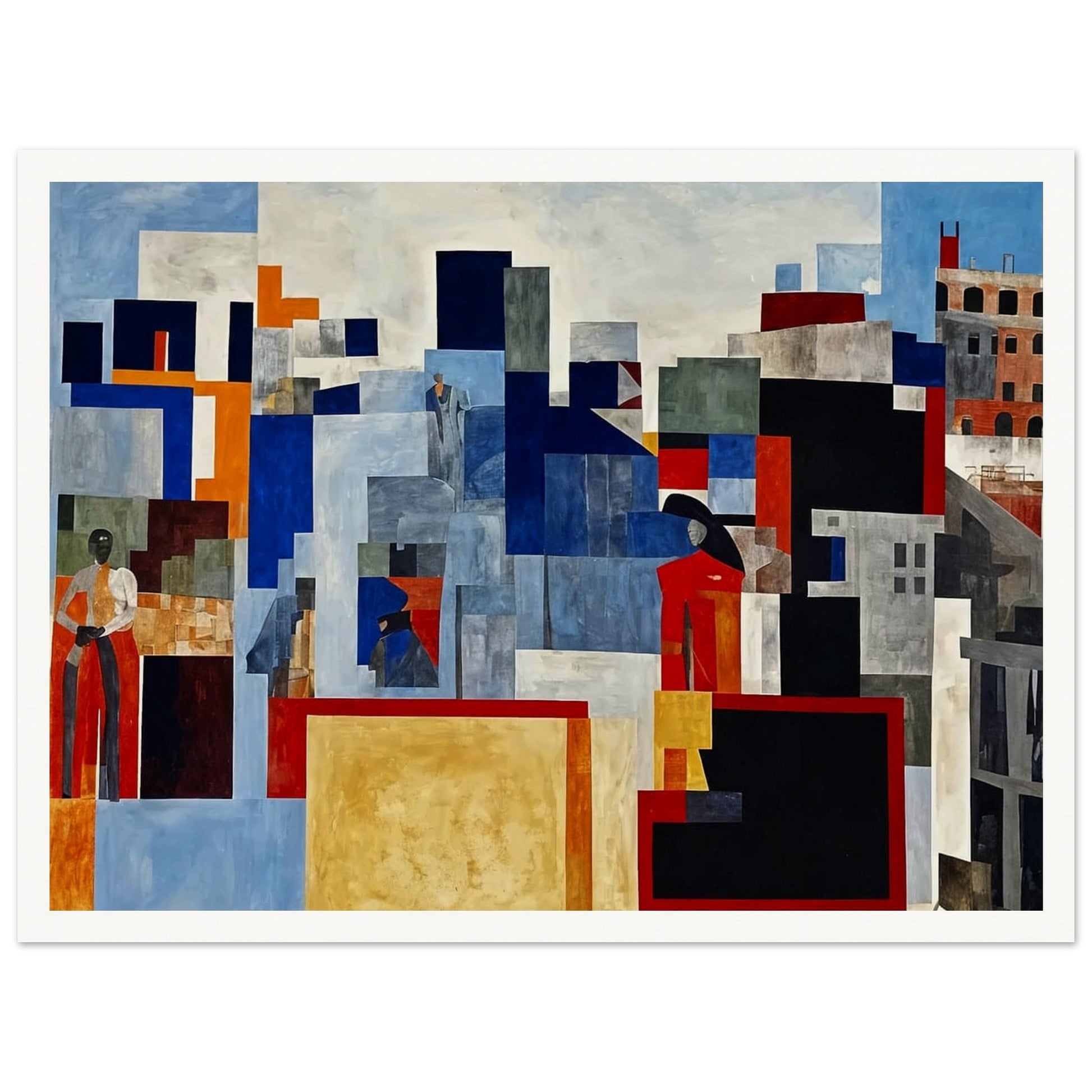 A vibrant abstract painting depicting a cityscape with various geometric shapes and colors, highlighting figures and buildings in red, blue, and gray tones.