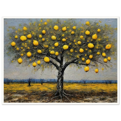 Vivid painting of a lemon tree filled with golden yellow fruits, standing in a sunlit yellow field with a serene blue horizon.