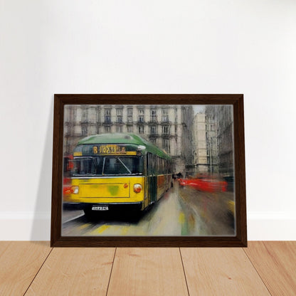 "A dynamic painting of a yellow and green tram speeding through a busy city street, with blurred surroundings capturing the movement of urban life."