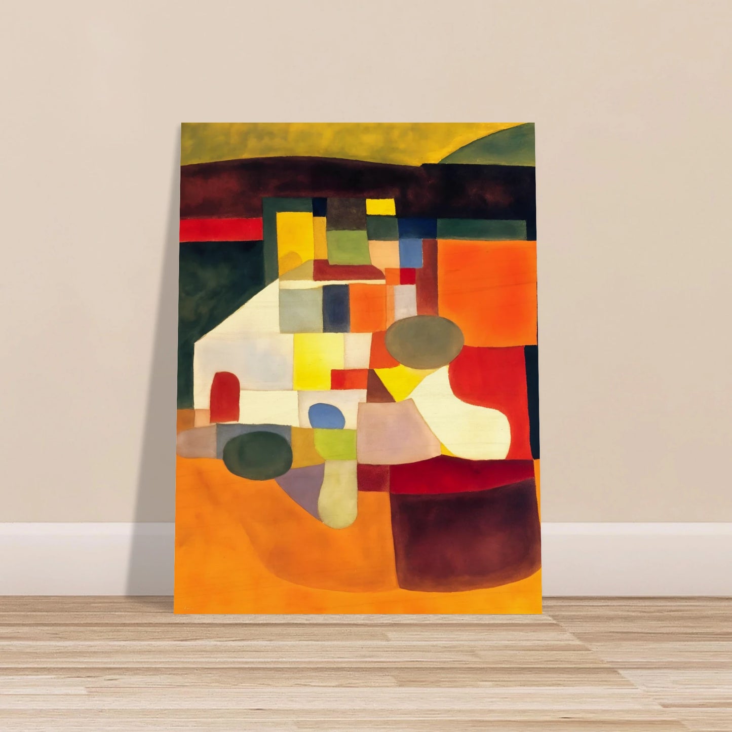 A cubist-inspired artwork of bold orange, yellow, and green shapes forming an abstract landscape of color and form.
