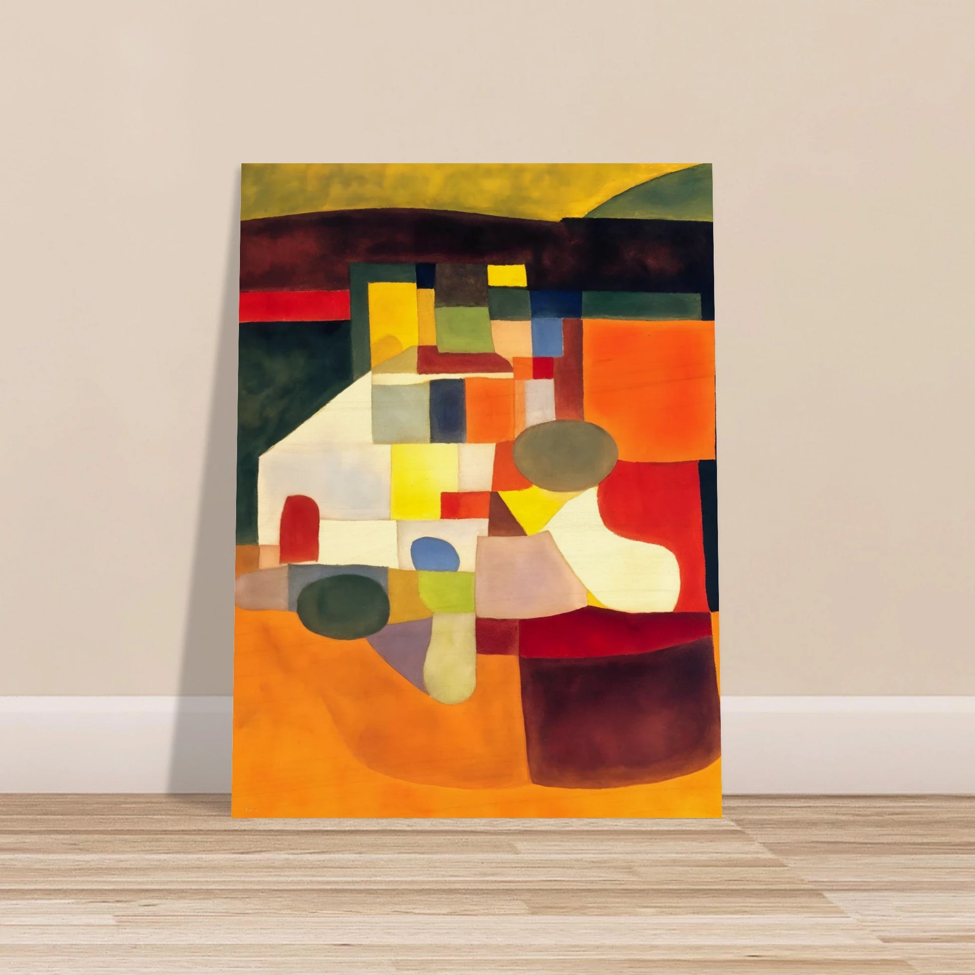 A cubist-inspired artwork of bold orange, yellow, and green shapes forming an abstract landscape of color and form.