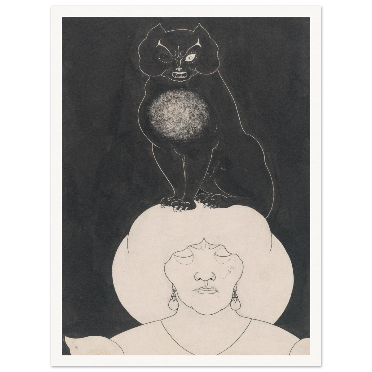 A black cat sits atop a white-hatted woman’s head against a dark background in a macabre illustration.