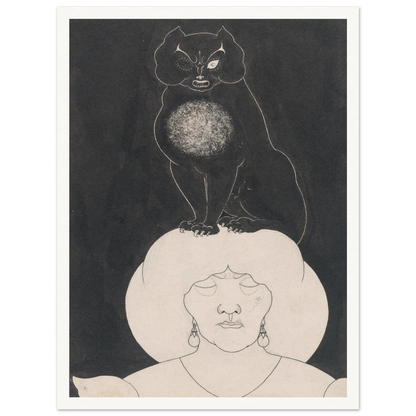 A black cat sits atop a white-hatted woman’s head against a dark background in a macabre illustration.