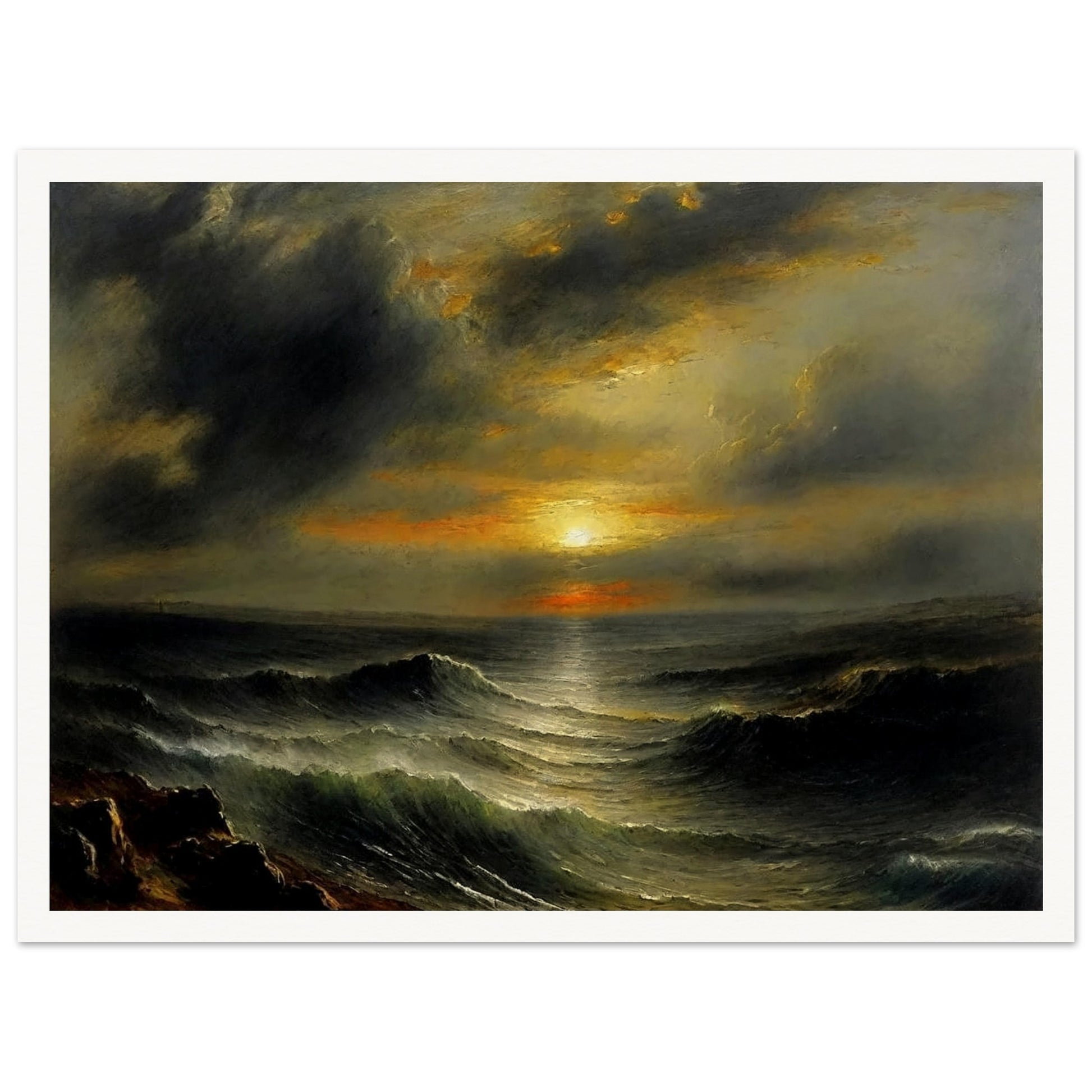 A dramatic seascape painting capturing the power and beauty of the ocean at sunset. The scene features turbulent waves under a cloudy sky, with the sun breaking through the horizon, casting an orange and yellow glow over the water.