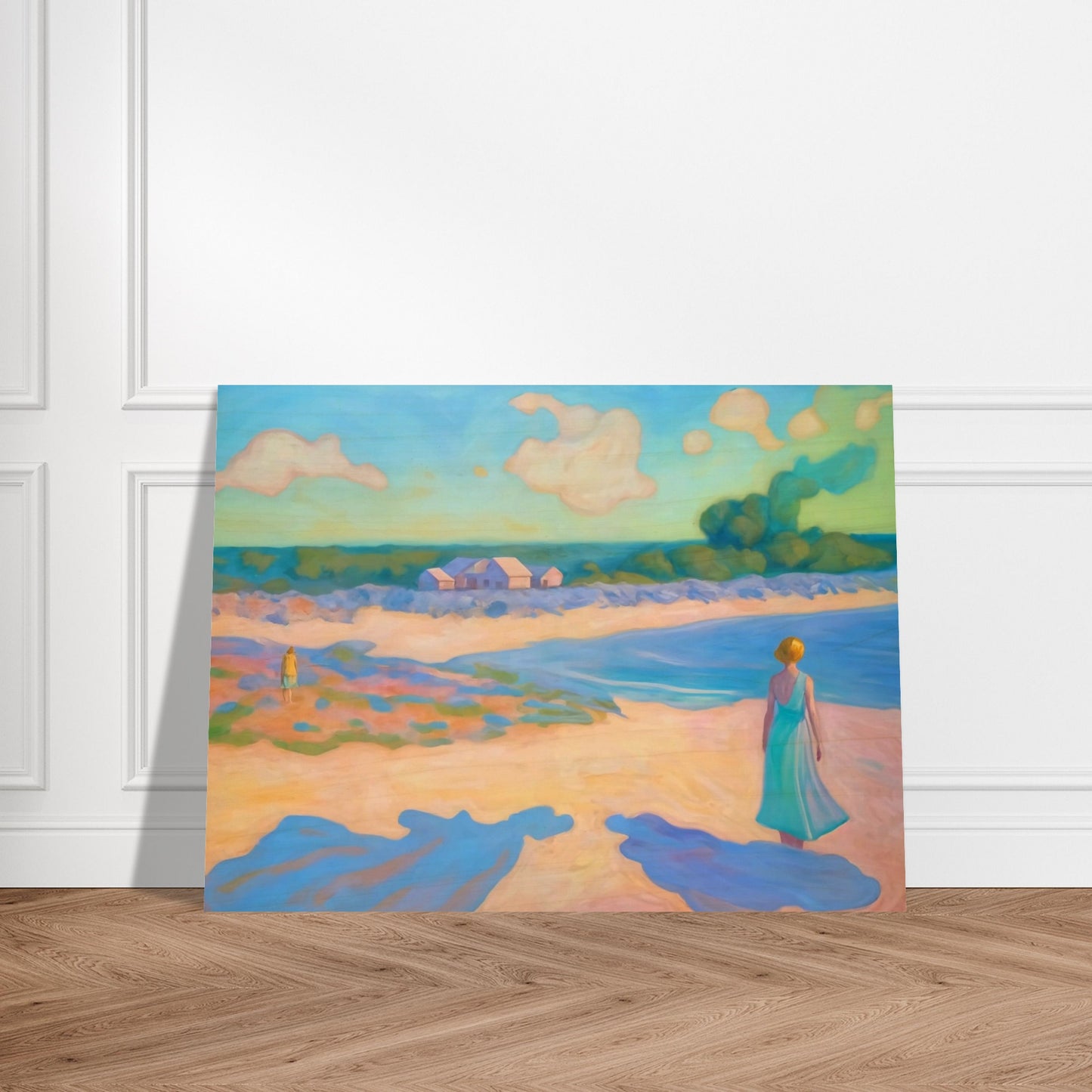 A serene coastal scene with a woman in a flowing dress walking along the beach, pastel hues creating a peaceful atmosphere.