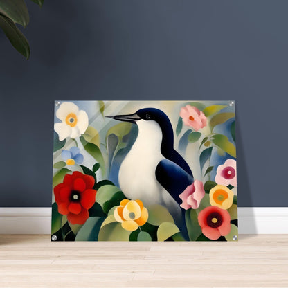 A serene painting of a black-and-white bird perched amidst colorful flowers, including red, yellow, and pink blooms, surrounded by lush green leaves.