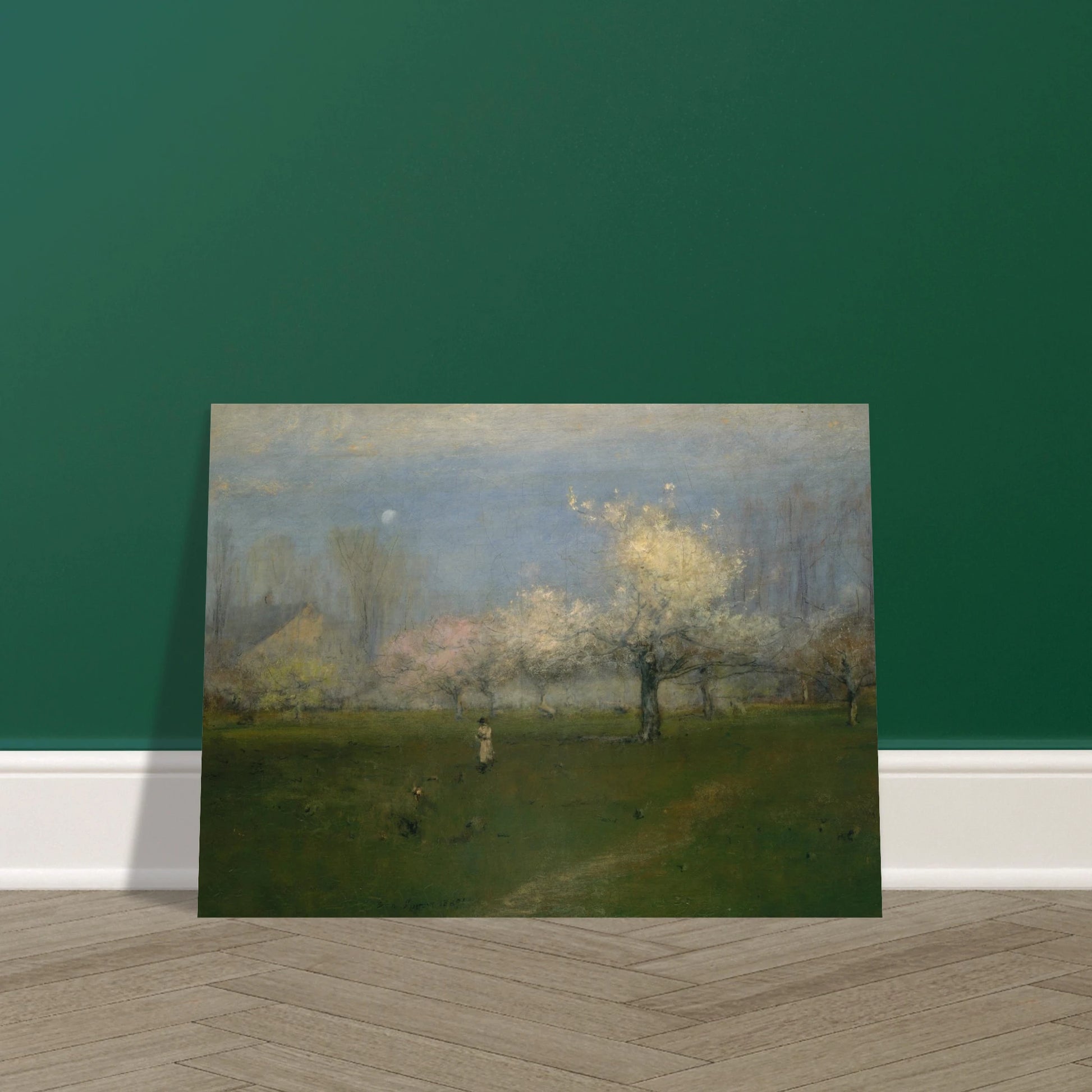 Apple trees bloom across a green orchard under a pale blue sky with a small figure