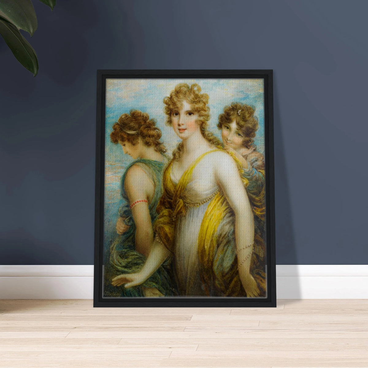 Three classical women in flowing drapery pose together against a soft blue sky.