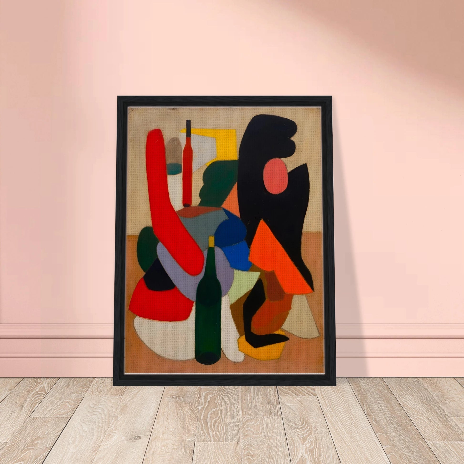 Bold bottles and curved red, black, blue, and orange forms gather in a modern still life.