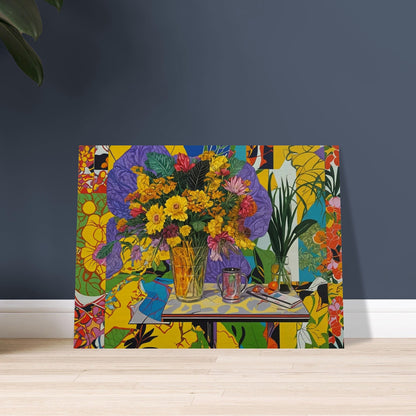 A vibrant painting featuring a bouquet of yellow, pink, and red flowers in a clear glass vase placed on a table. The background is filled with colorful and abstract patterns, enhancing the lively and energetic feel of the artwork. On the table, there is also a glass mug and a small plate with oranges, adding more elements to this dynamic composition.