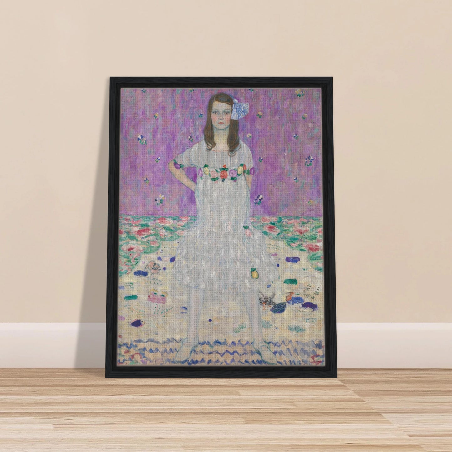 Young girl in a white floral dress stands against a pink patterned background
