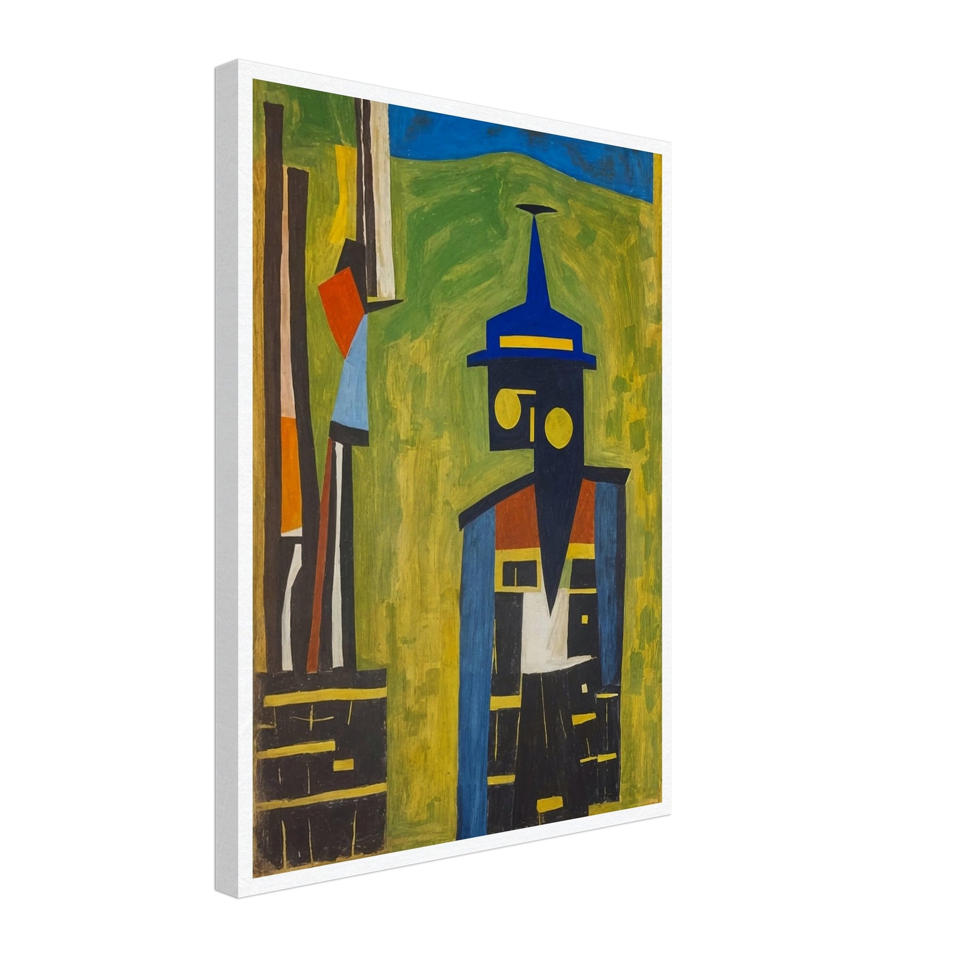 "An abstract painting featuring a geometric figure with a blue hat, composed of bold shapes and colors, set against a green and yellow background."