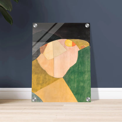 An abstract landscape of overlapping shapes in green, ochre, and pink under a dark night sky with a soft yellow moon.