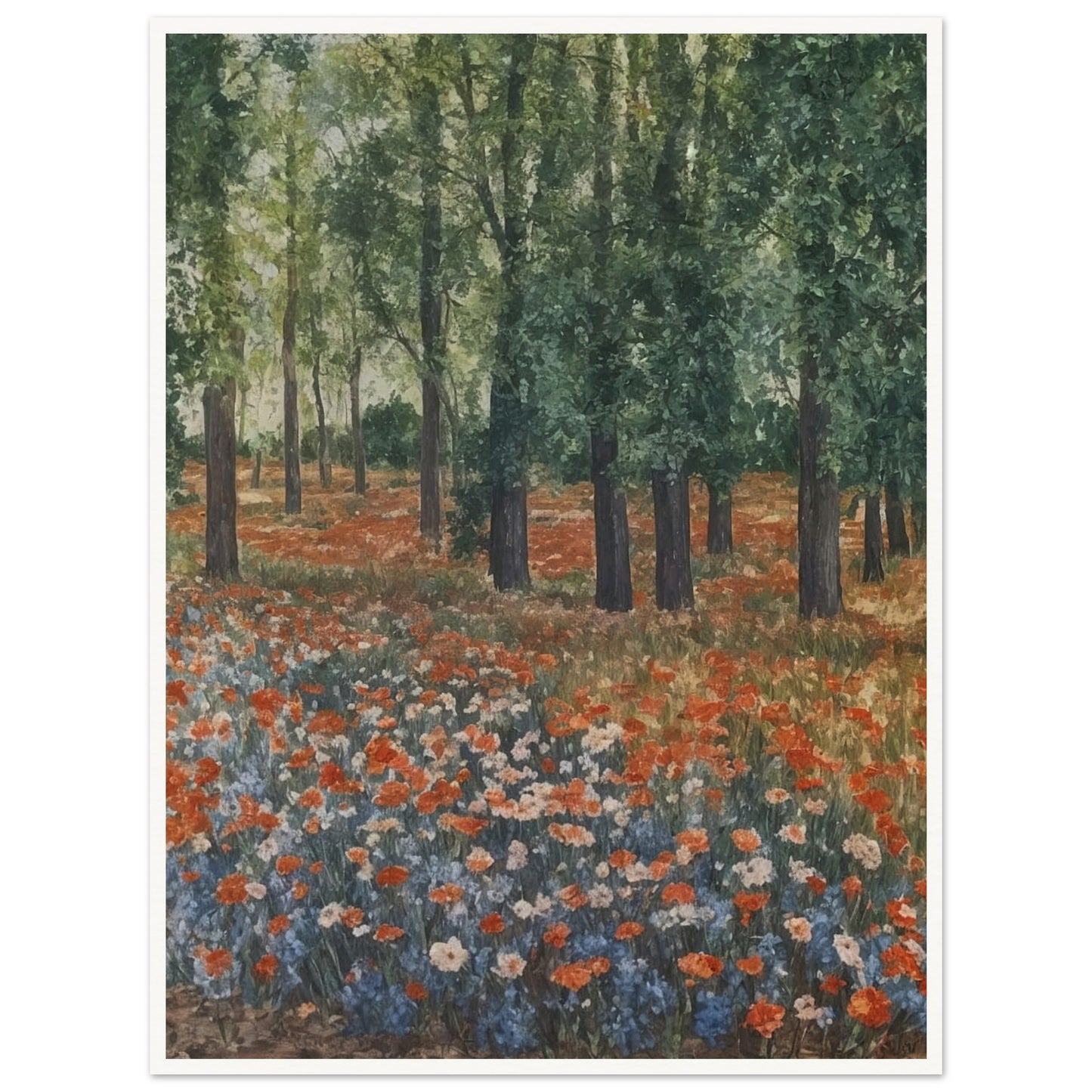 "A tranquil landscape with vibrant orange and blue wildflowers blooming under tall trees, evoking the peacefulness of a forest meadow."