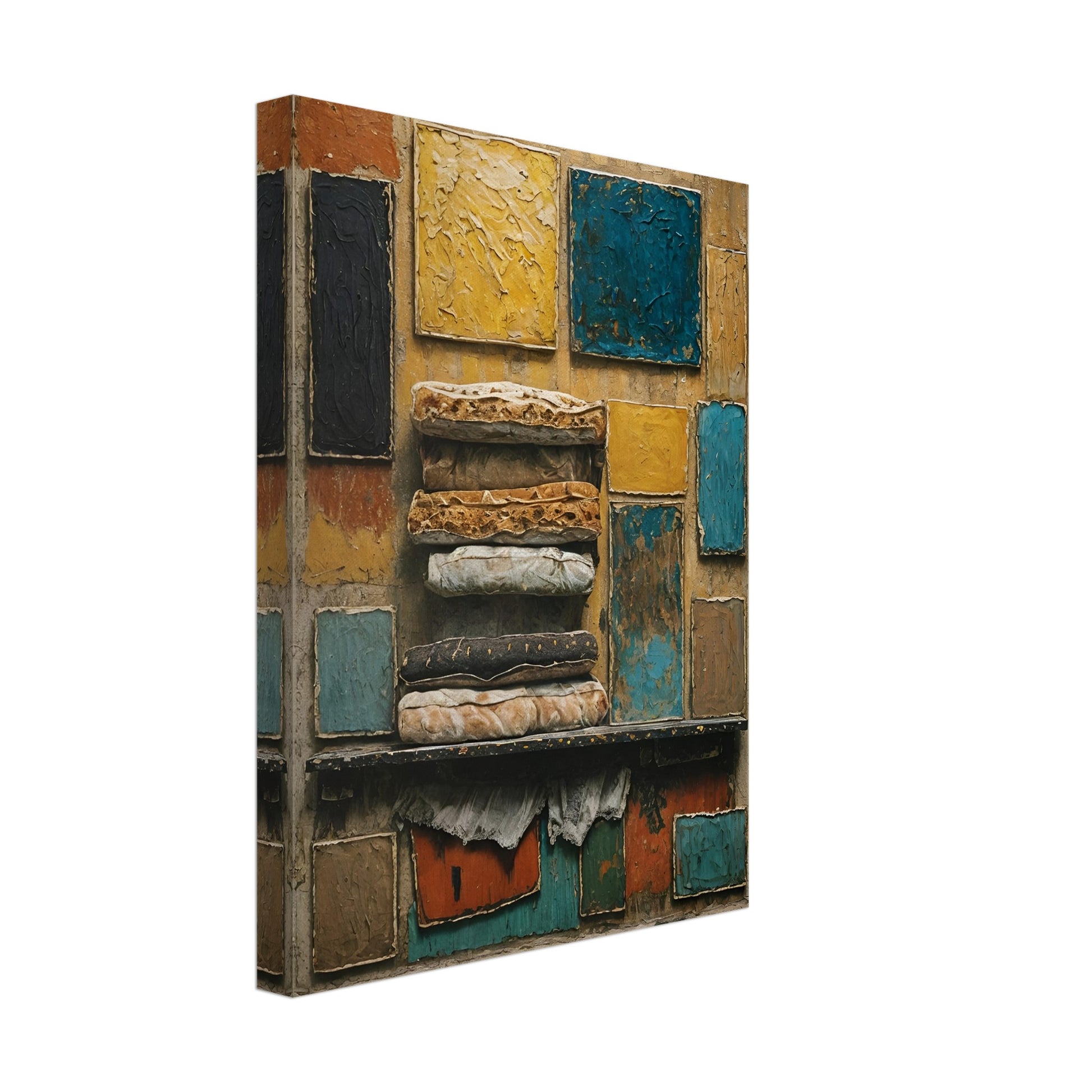 A rustic mixed-media artwork with layered textiles and textured blocks of yellow, blue, and earthy tones, evoking history and craftsmanship.