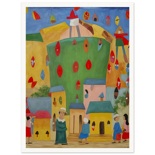 Vibrant painting of a festive village scene with colorful houses and people celebrating under hanging decorations.