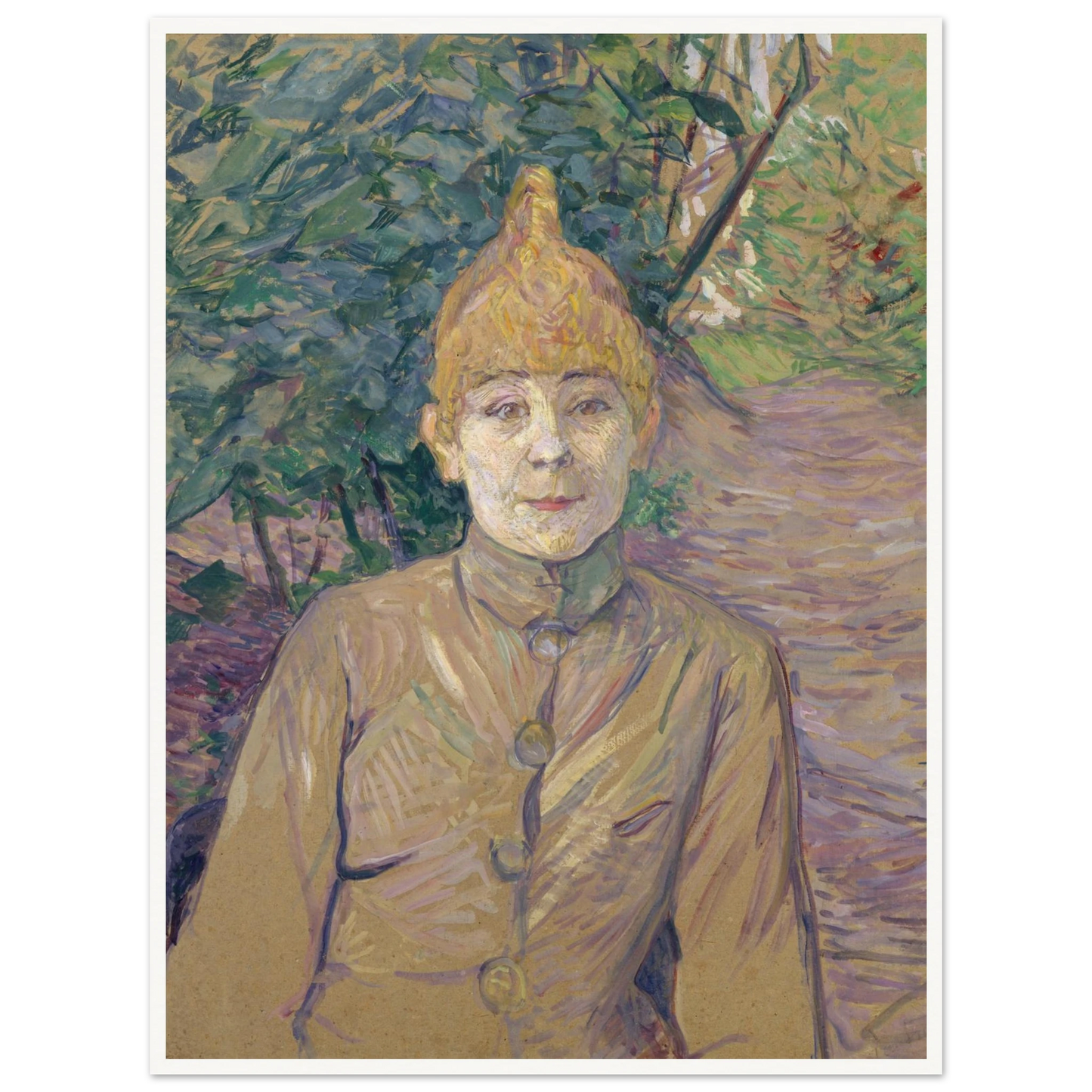 Woman in a garden stands beneath dense green foliage with a path and trees behind her
