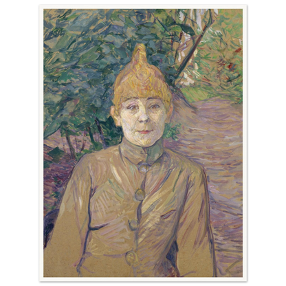 Woman in a garden stands beneath dense green foliage with a path and trees behind her