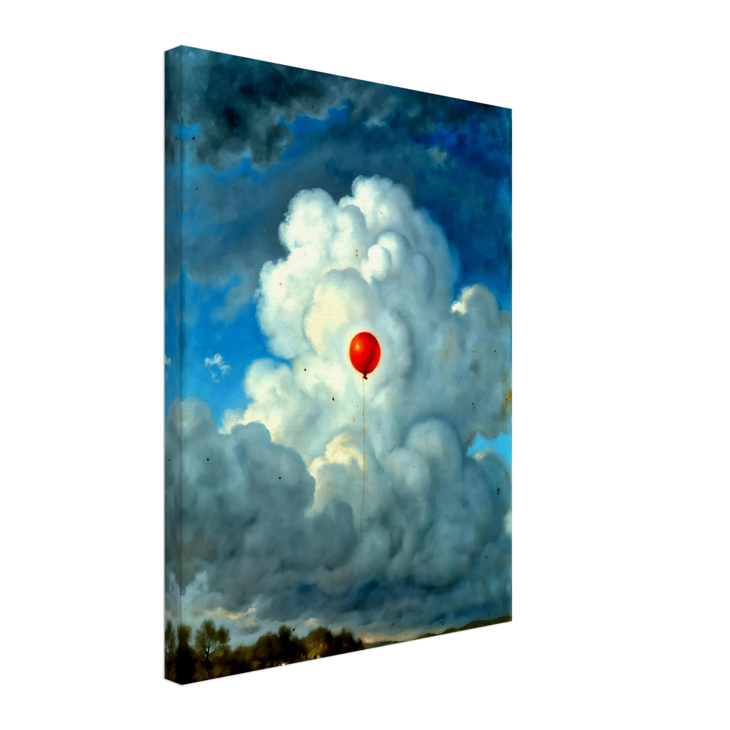Single red balloon floating through towering white clouds against a dramatic blue sky, creating a surreal scene of hope and wonder.