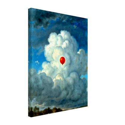 Single red balloon floating through towering white clouds against a dramatic blue sky, creating a surreal scene of hope and wonder.