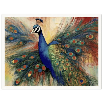 "A stunning painting of a vibrant peacock with its colorful feathers fully fanned out, showcasing rich blues, greens, and intricate eye-like patterns."