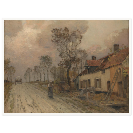 A muddy French village road with cottages, trees, a cart, and a figure beneath a cloudy sky.