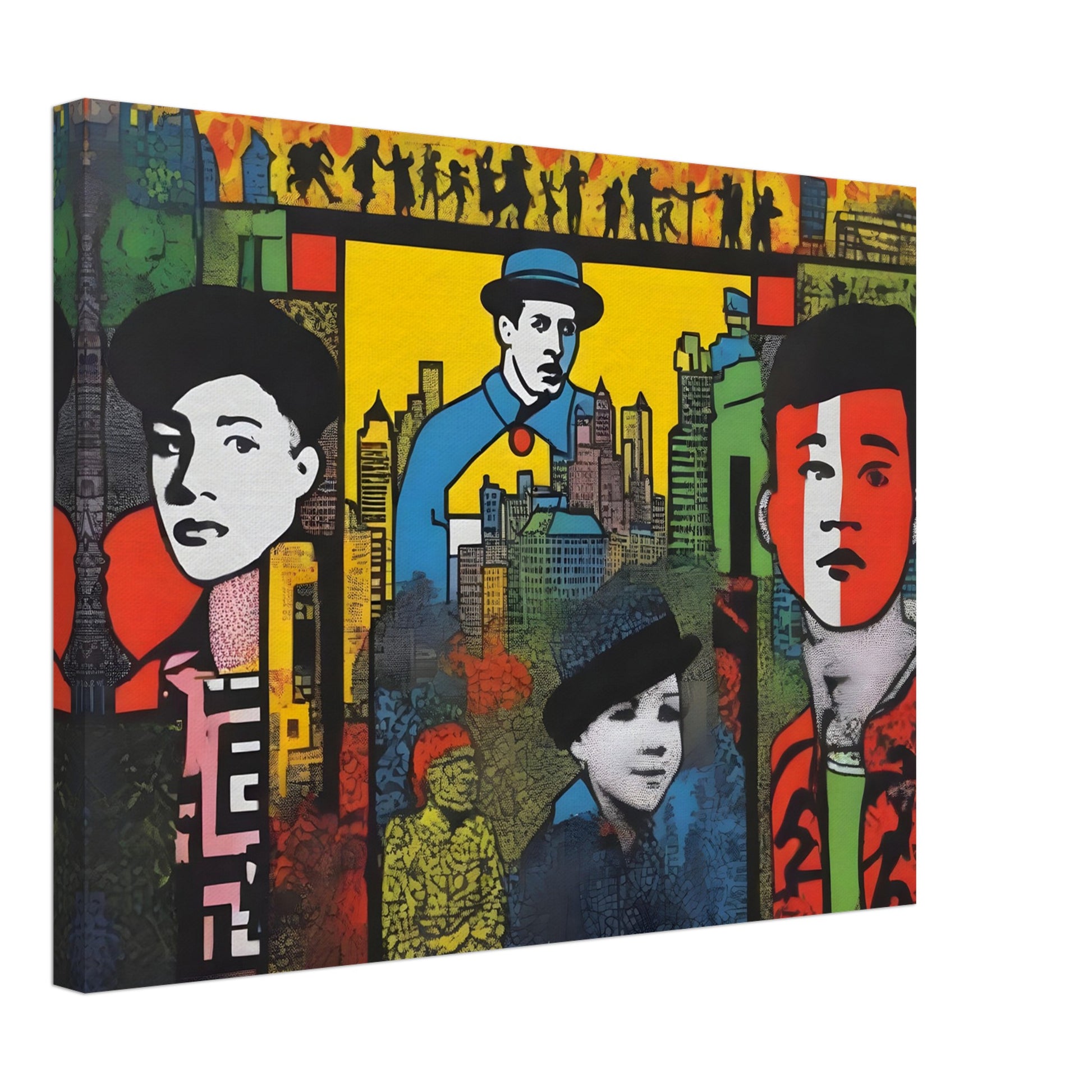 A vibrant, pop-art style painting featuring bold portraits of diverse individuals set against a colorful city skyline with detailed urban elements.