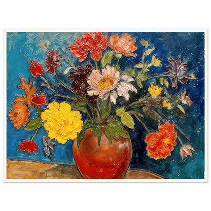 A vibrant floral still life featuring a red ceramic vase overflowing with colorful blossoms in shades of yellow, red, white, pink, and orange, set against a rich blue background.
