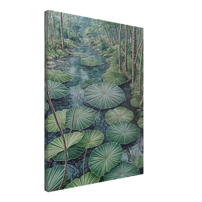 A serene painting of a lush green pond filled with large lotus leaves, surrounded by tall trees and dense foliage.