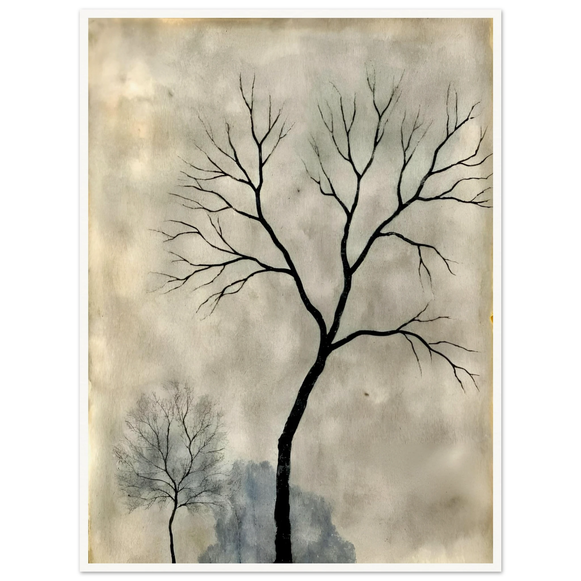 Two leafless trees stand silhouetted against a misty gray sky, evoking a quiet, contemplative atmosphere.