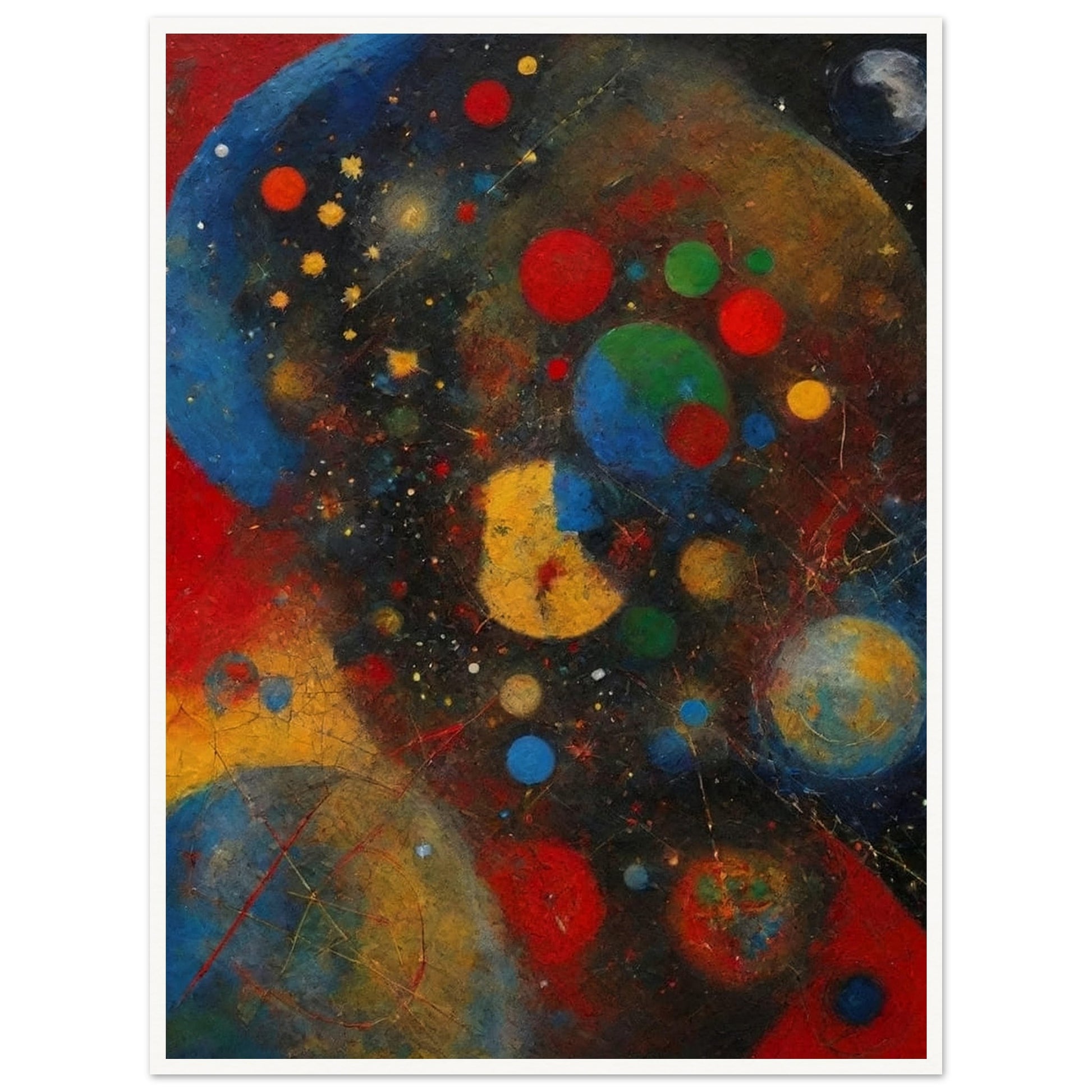 An abstract painting with vibrant colors and shapes, depicting a cosmic scene filled with celestial bodies.