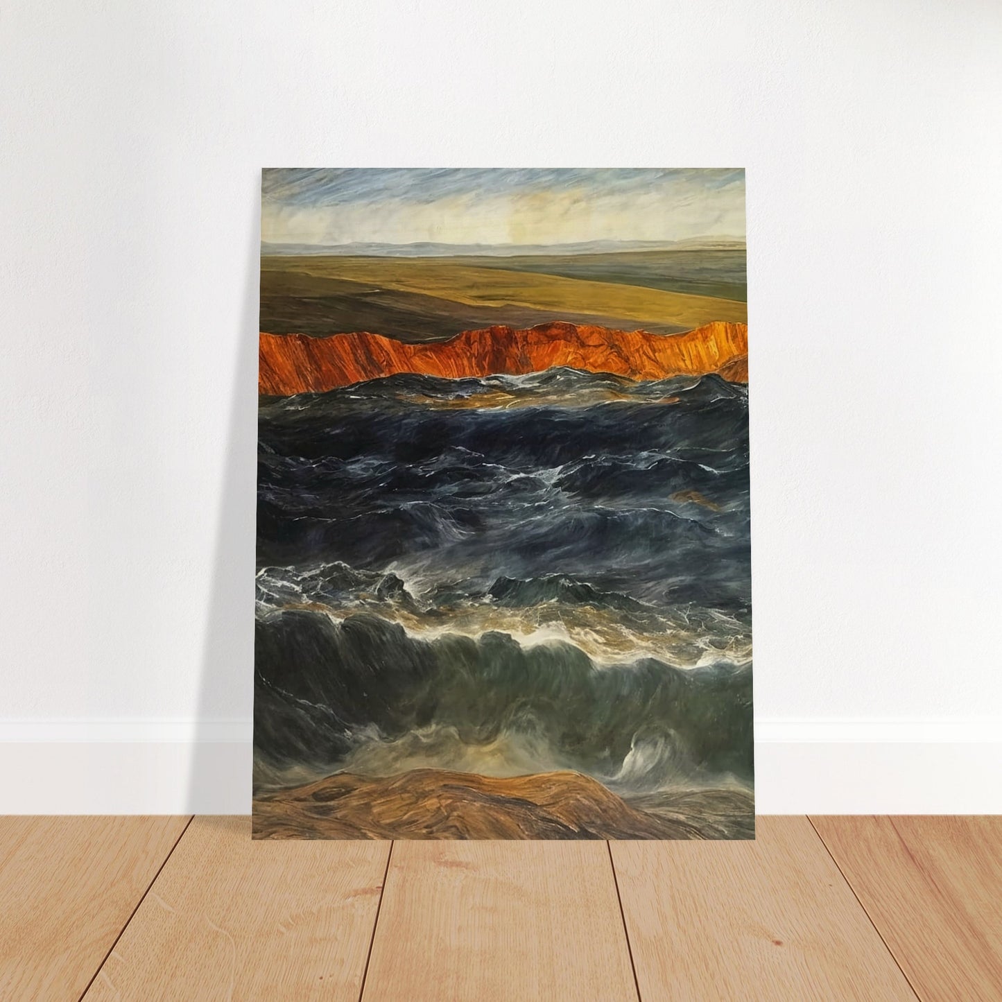 A powerful scene of crashing waves against a rocky coastline with orange cliffs and open fields in the background.