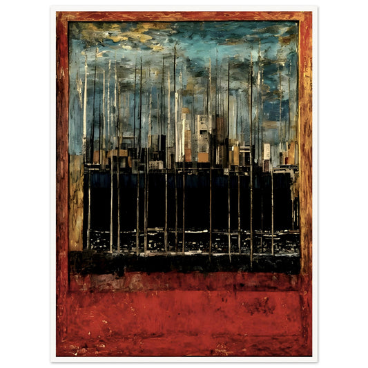 A textured cityscape with towering structures, deep red and blue hues, and an abstract urban skyline, framed in a rustic border.