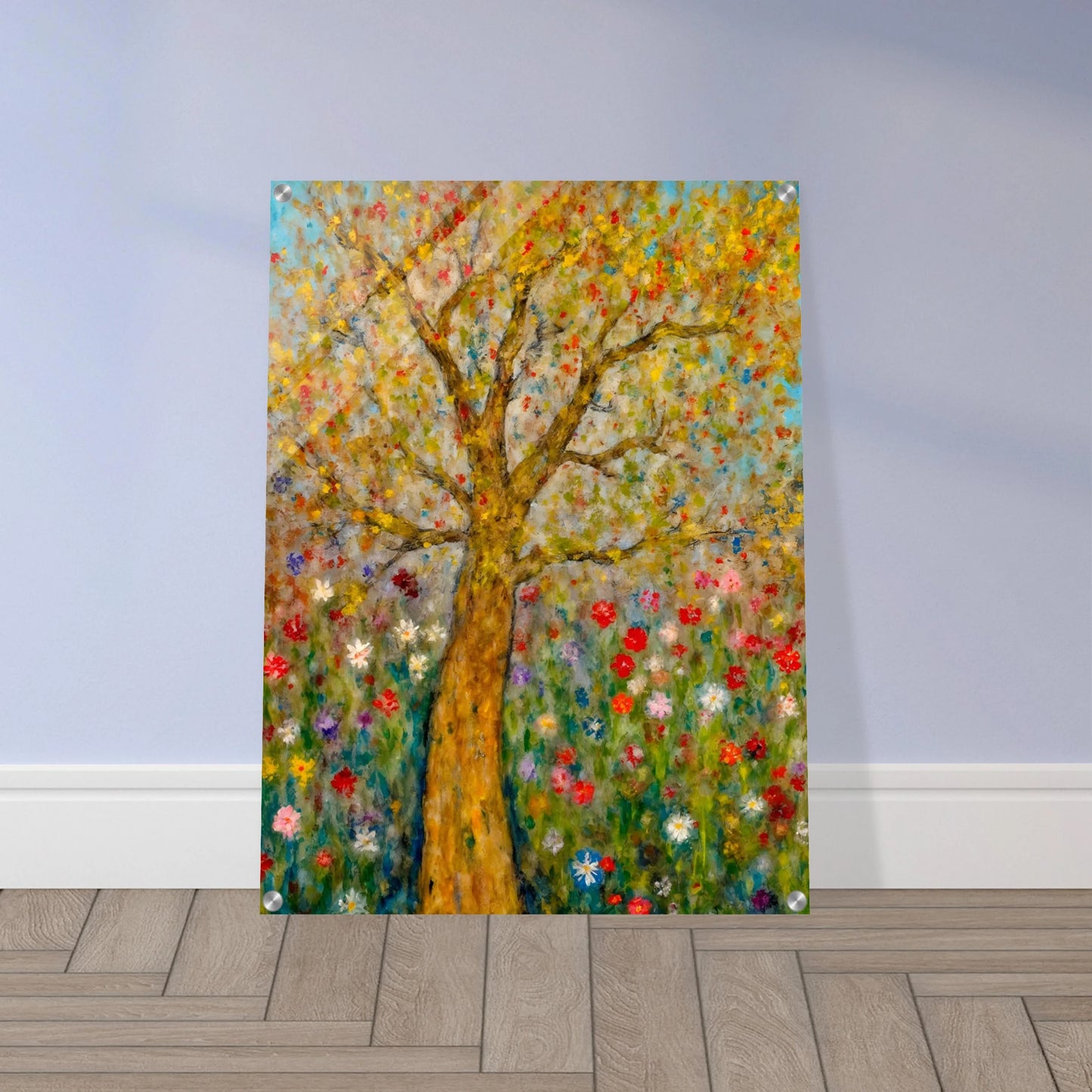 A golden-barked tree stands tall in a vibrant field of blooming flowers, with multicolored petals dancing against a soft blue sky.