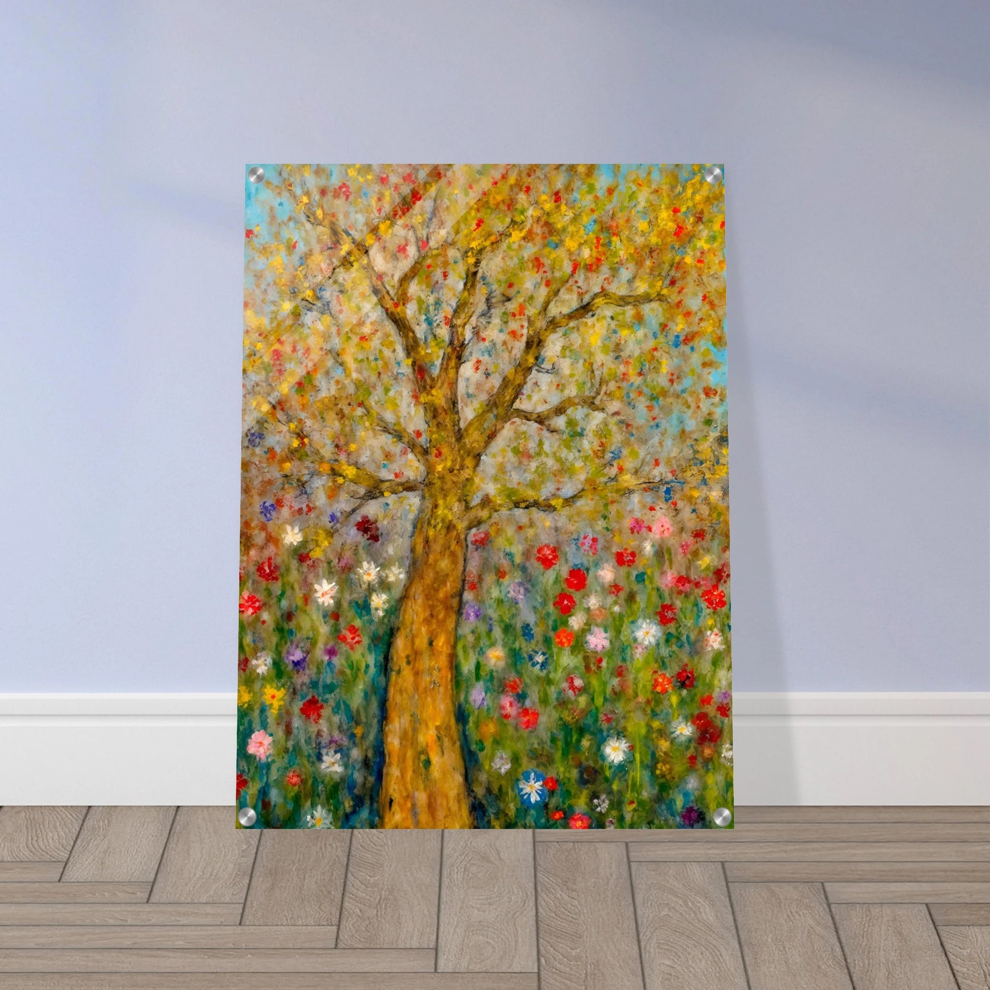 A golden-barked tree stands tall in a vibrant field of blooming flowers, with multicolored petals dancing against a soft blue sky.