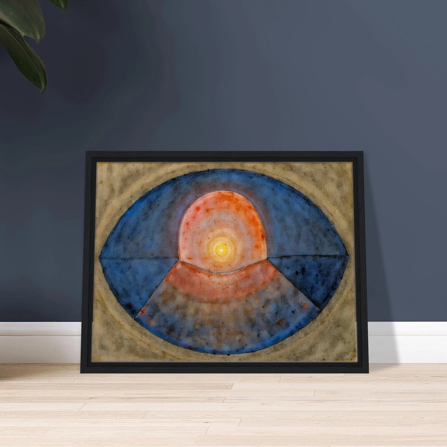 A symbolic abstract painting featuring concentric geometric forms resembling an eye or portal. Deep blue arcs surround a glowing golden center, creating a meditative composition of balance, light, and contemplation