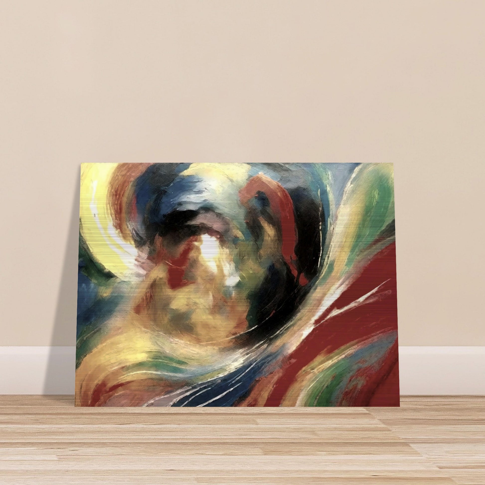 An abstract painting with swirling brushstrokes of vibrant colors, including red, yellow, blue, and green, creating a sense of dynamic movement