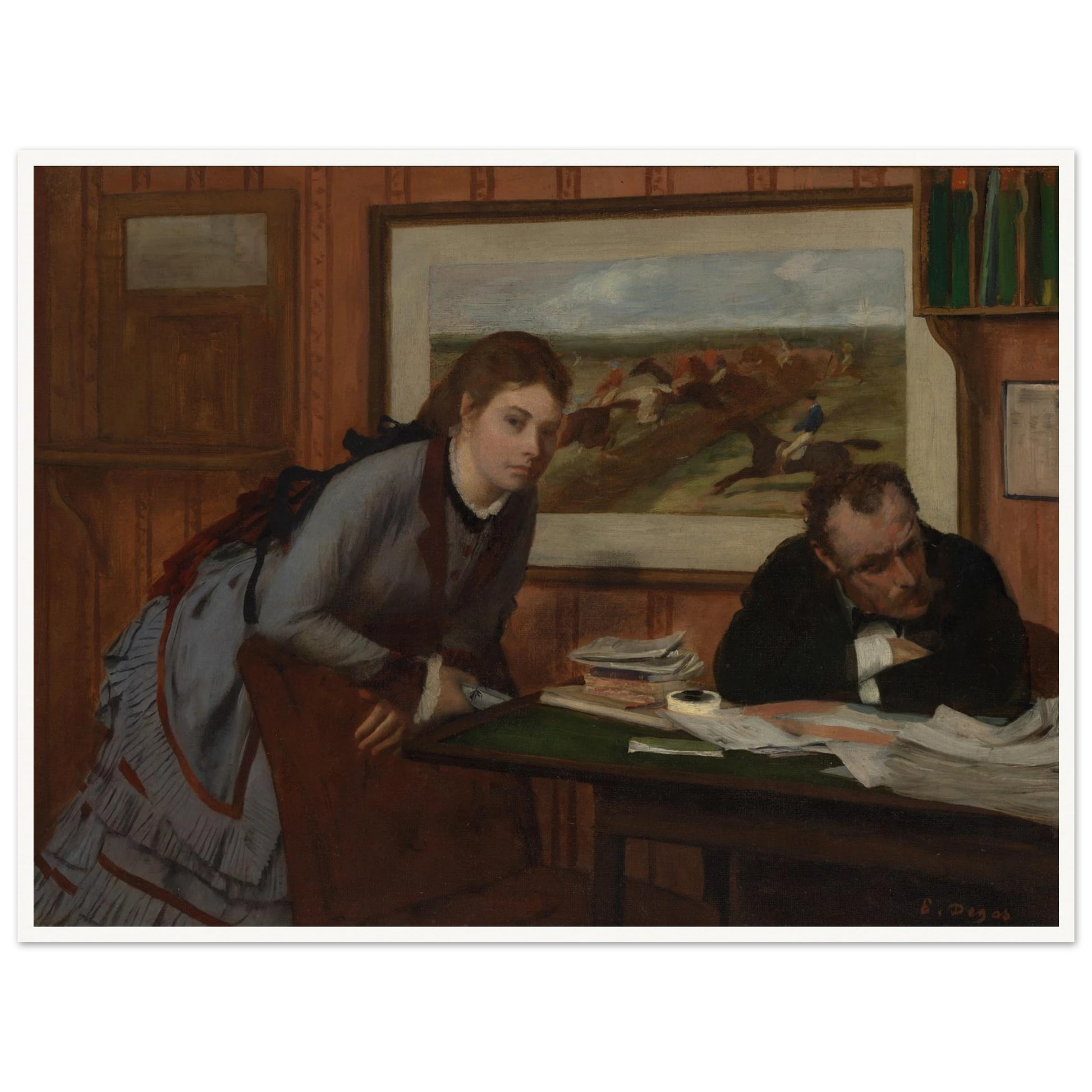 Woman leans over a chair beside a man at a desk, with a horse race painting behind them
