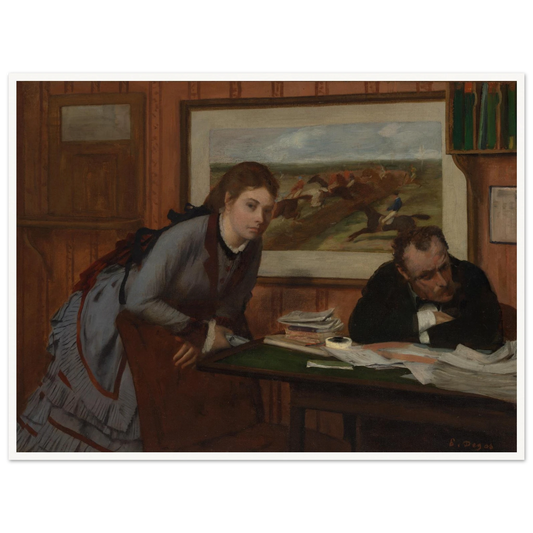 Woman leans over a chair beside a man at a desk, with a horse race painting behind them