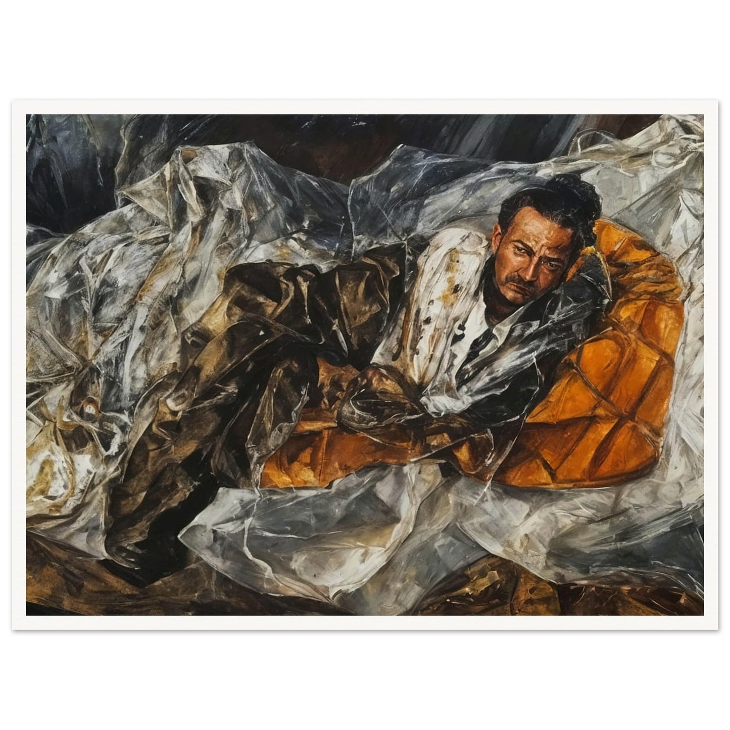 A realistic painting of a man lying down on an orange cushion, draped in textured fabrics, with a contemplative expression.