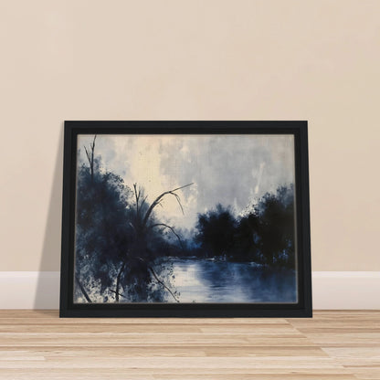 Blue river flows between dark trees beneath a pale cloudy sky in a moody woodland scene.
