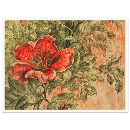 A richly detailed crimson flower blossoms among intricate green foliage against a soft peach-toned background.